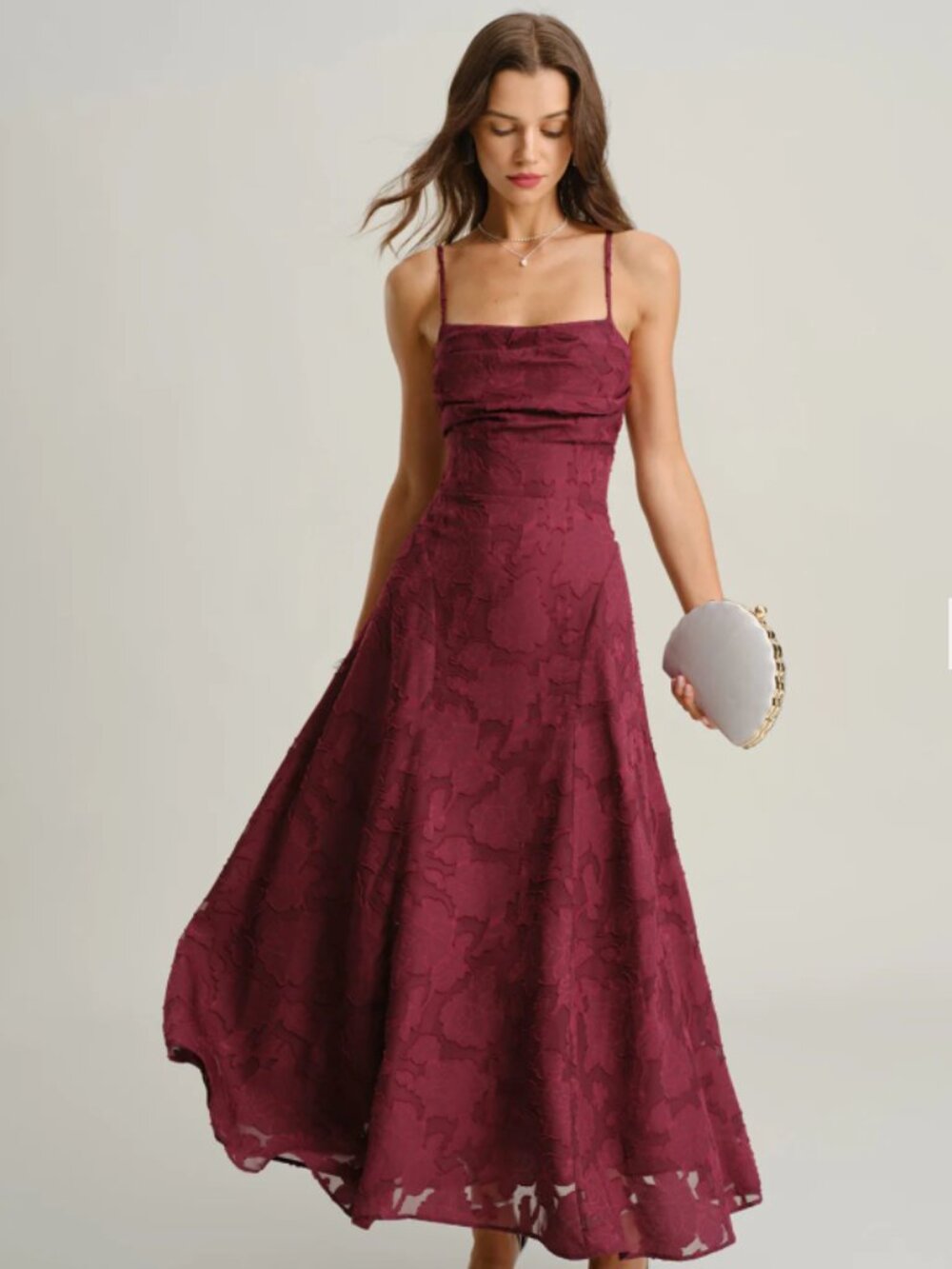 Rihoas Wine Red Jacquard Slip Maxi Dress - NWT